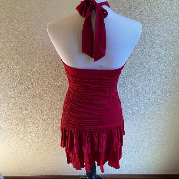 BCBGMaxAzria Halter Neck Tiered Mini Dress Cocktail Party Hot Red Ruched: Med - Picture 4 of 9